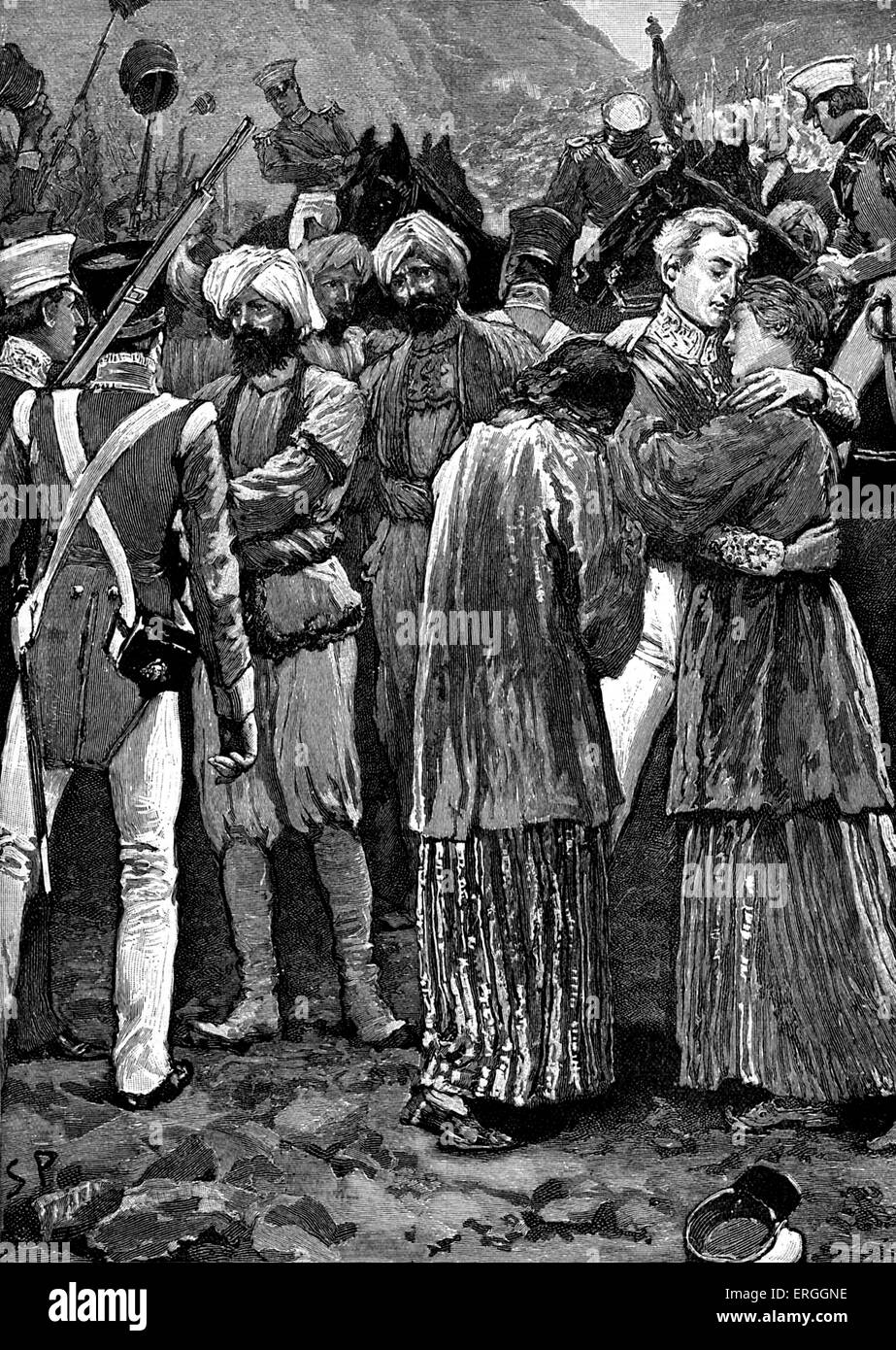 Primo anglo- guerra in Afghanistan, 1839 - 1842: Salvataggio dei prigionieri britannici da Akbar Kahn. Il principe afgano, un generale, un leader tribale Foto Stock