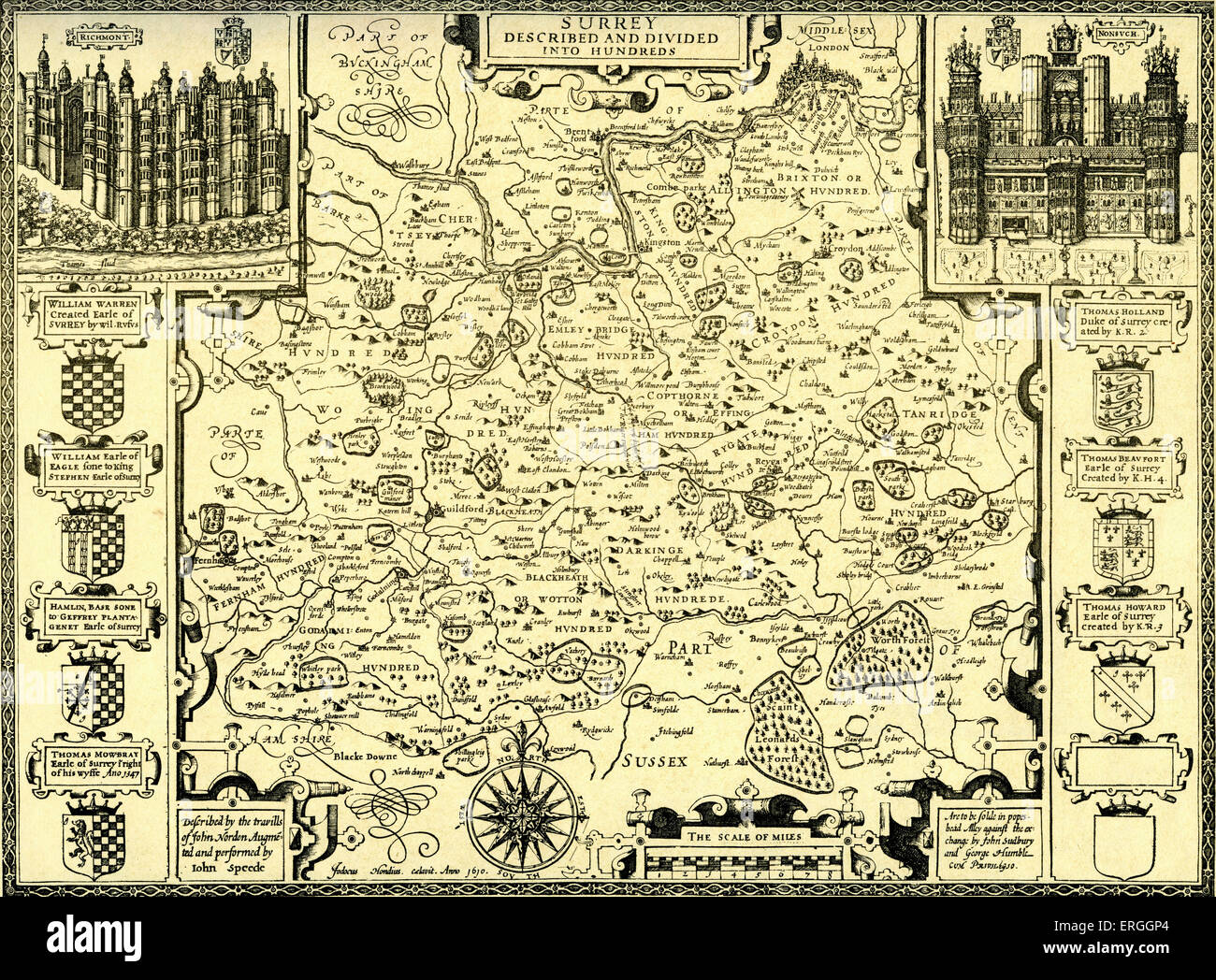 Mappa della contea del Surrey. Pubblicato in velocità di 'teatro dell'impero di Gran Bretagna", 1611. (A pieno titolo: 'L'Theate Foto Stock