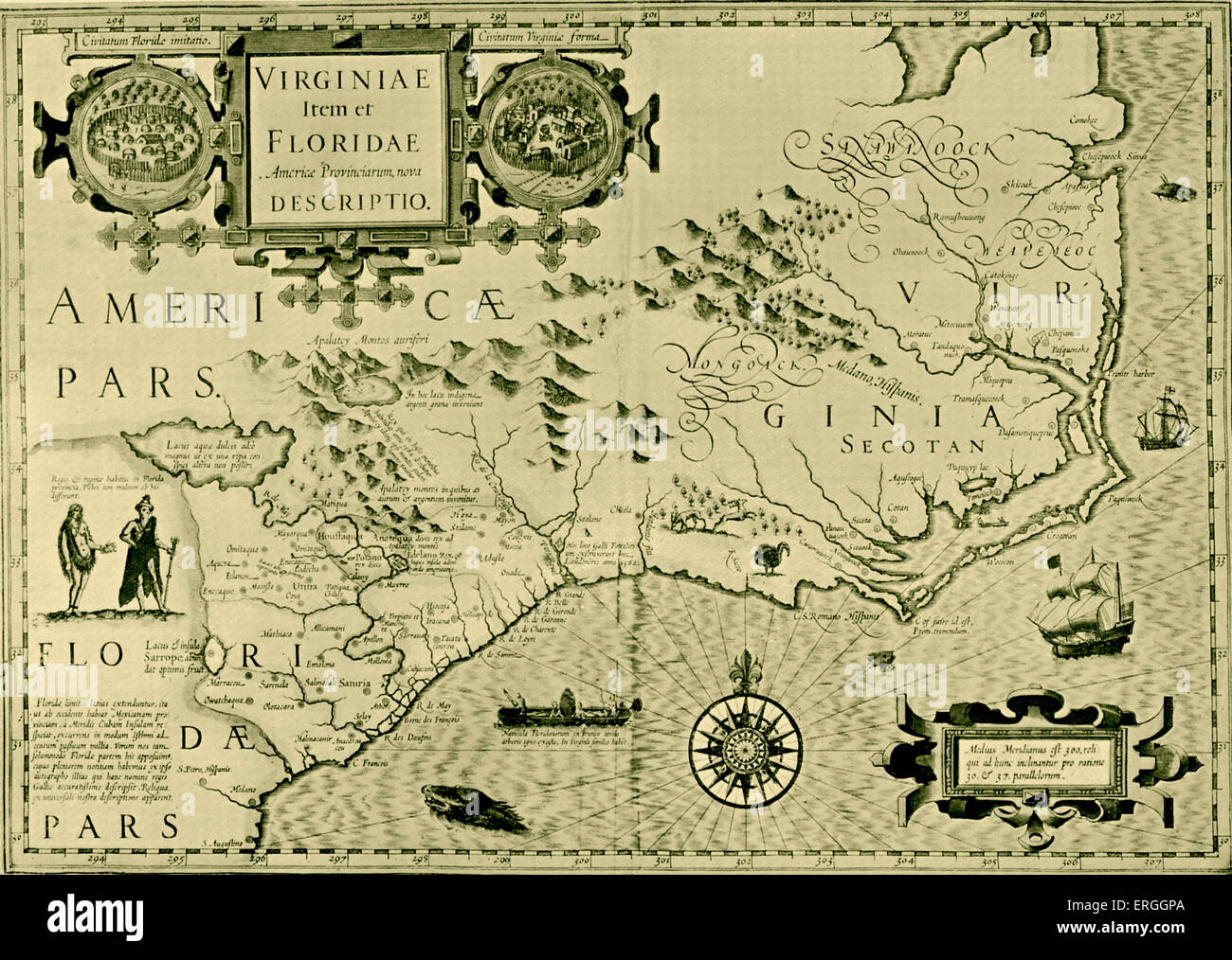 Mappa di Florida e Virgina pubblicato nella proiezione di Mercatore del Atlante. Amsterdam, 1633. Foto Stock