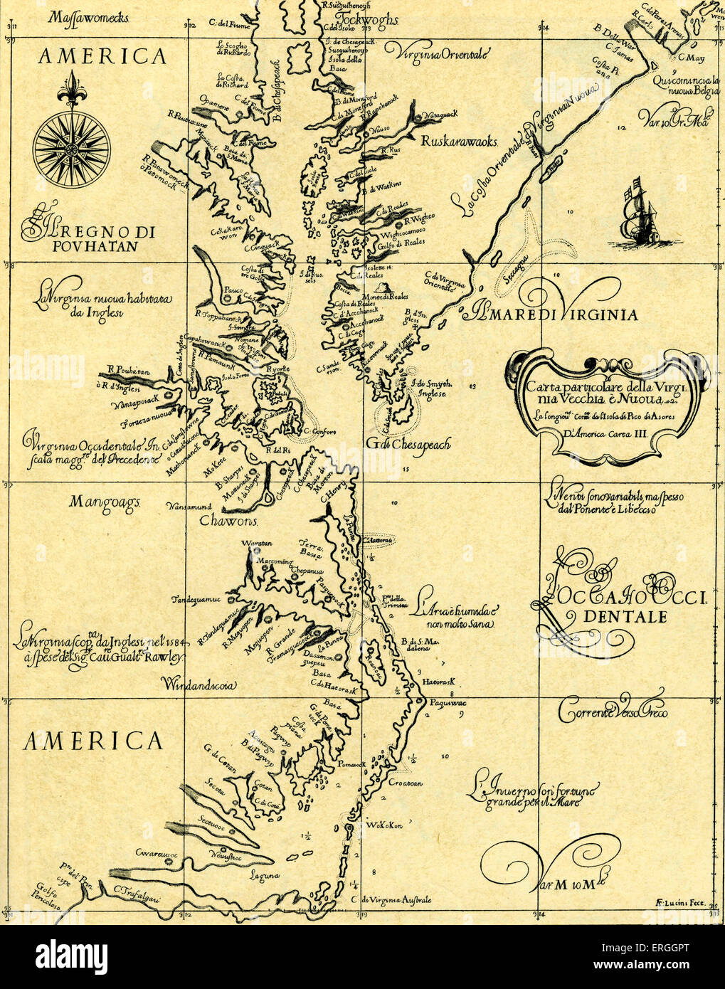 Mappa di vecchio e nuovo Virginia - pubblicato in Dudley 's 'Dell' Arcano del Mare", 1646- 47. Colonie americane. Foto Stock