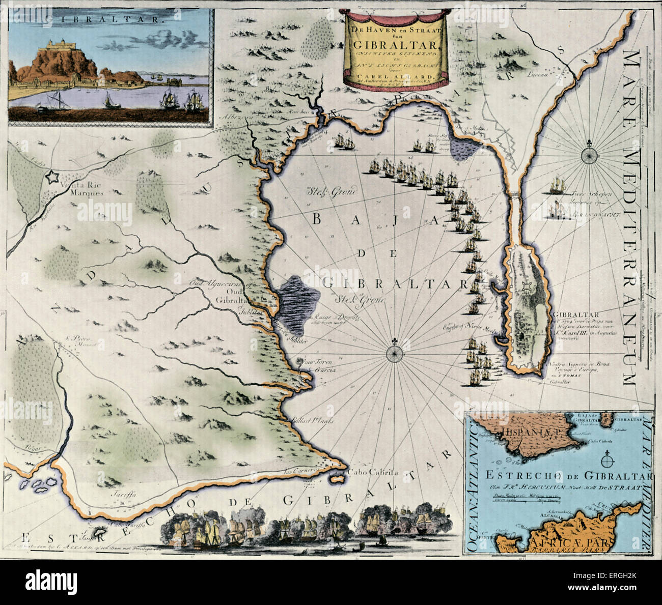 Mappa del porto e dello Stretto di Gibilterra - pubblicato in Schenck 's "Atlas Contractus', 1713. Foto Stock