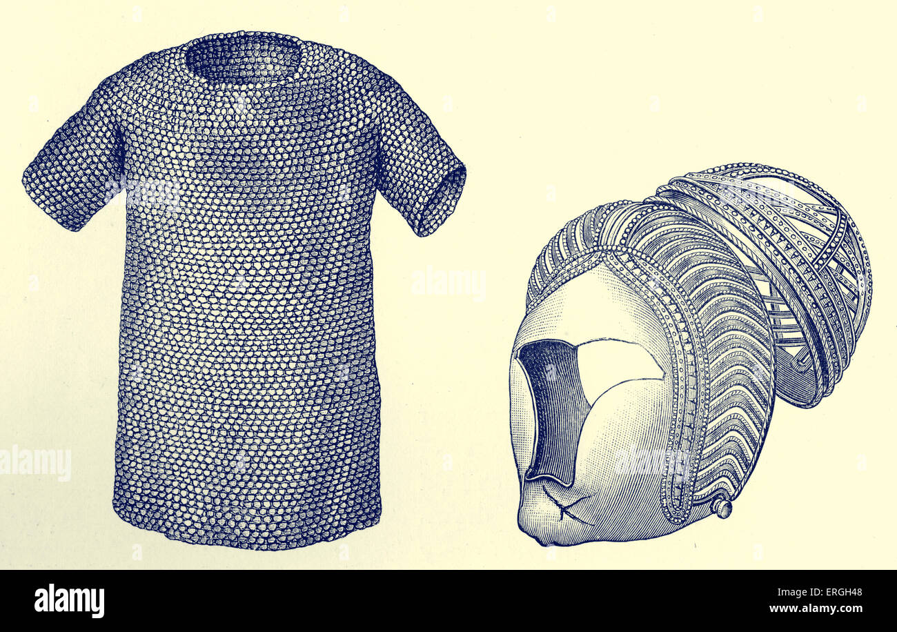 Mailcoat e argento casco, prima 450 A.D. Jutish o Danese. Da illustrazioni di Worsaae 's 'Arti Industriali di Danimarca". Foto Stock