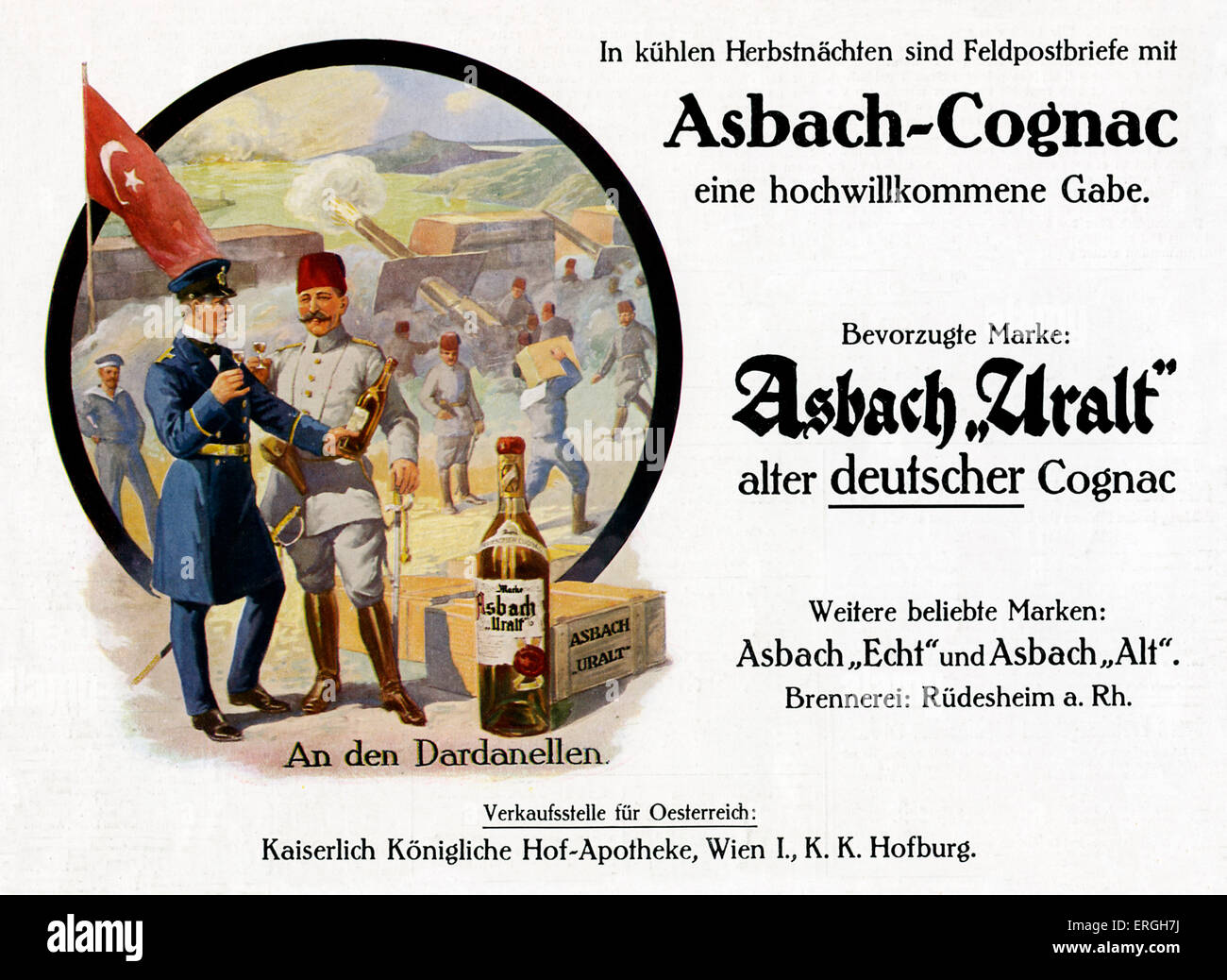 Inserzione di Asbach- Cognac , 1915. Durante la guerra mondiale 1. Didascalia: 'In kühlen Herbsnächten sind Feldpostbriefe mit Ashbach- Cognac Foto Stock