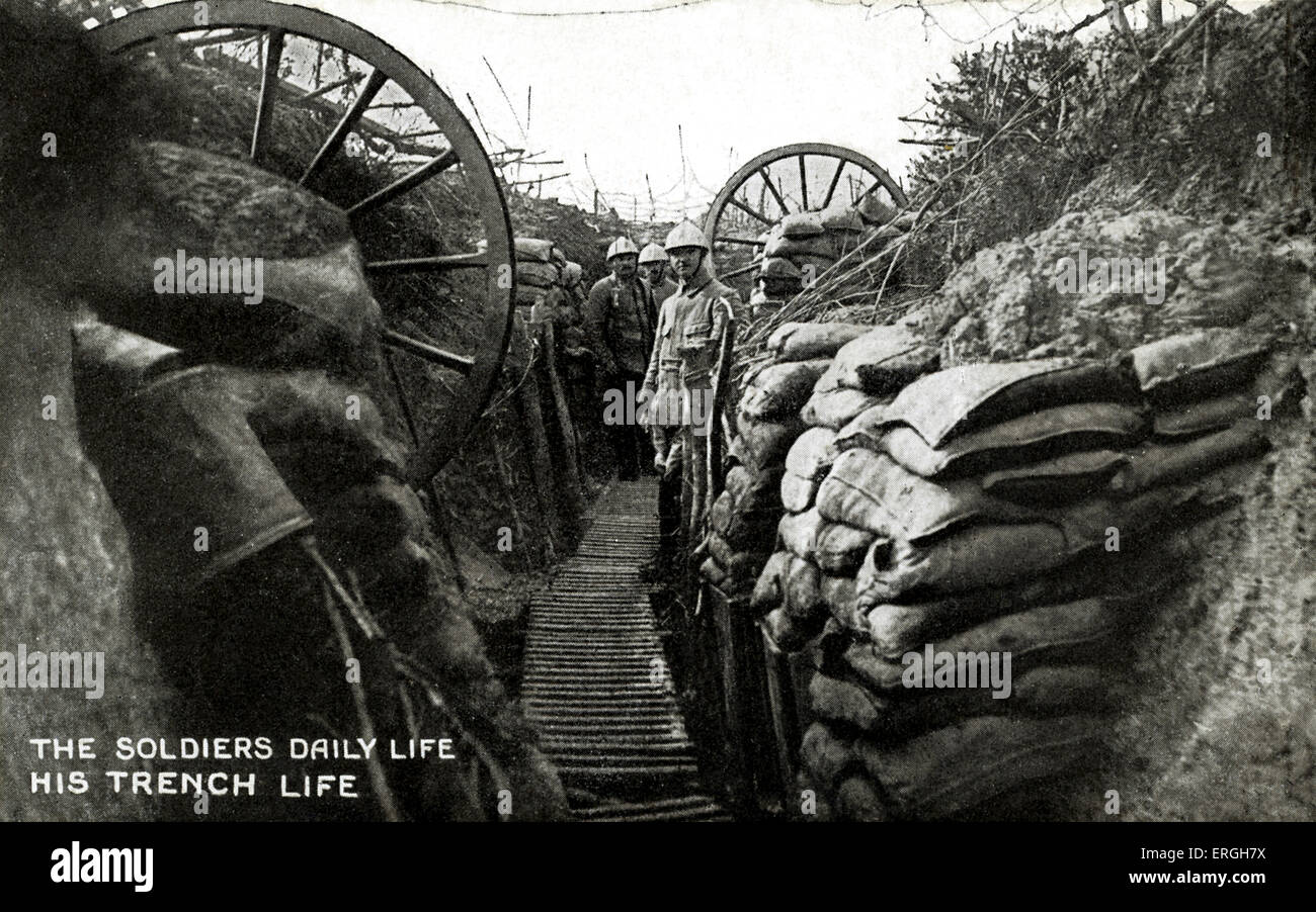 Guerra Mondiale 1: soldati francesi in una trincea. Titolo: "i soldati della vita quotidiana. La sua vita di trincea'. Versione in lingua inglese della Gazzetta Foto Stock Guerra Mondiale 1: soldati francesi in una trincea. Titolo: "i soldati della vita quotidiana. La sua vita di trincea'. Versione in lingua inglese della Gazzetta Foto Stock