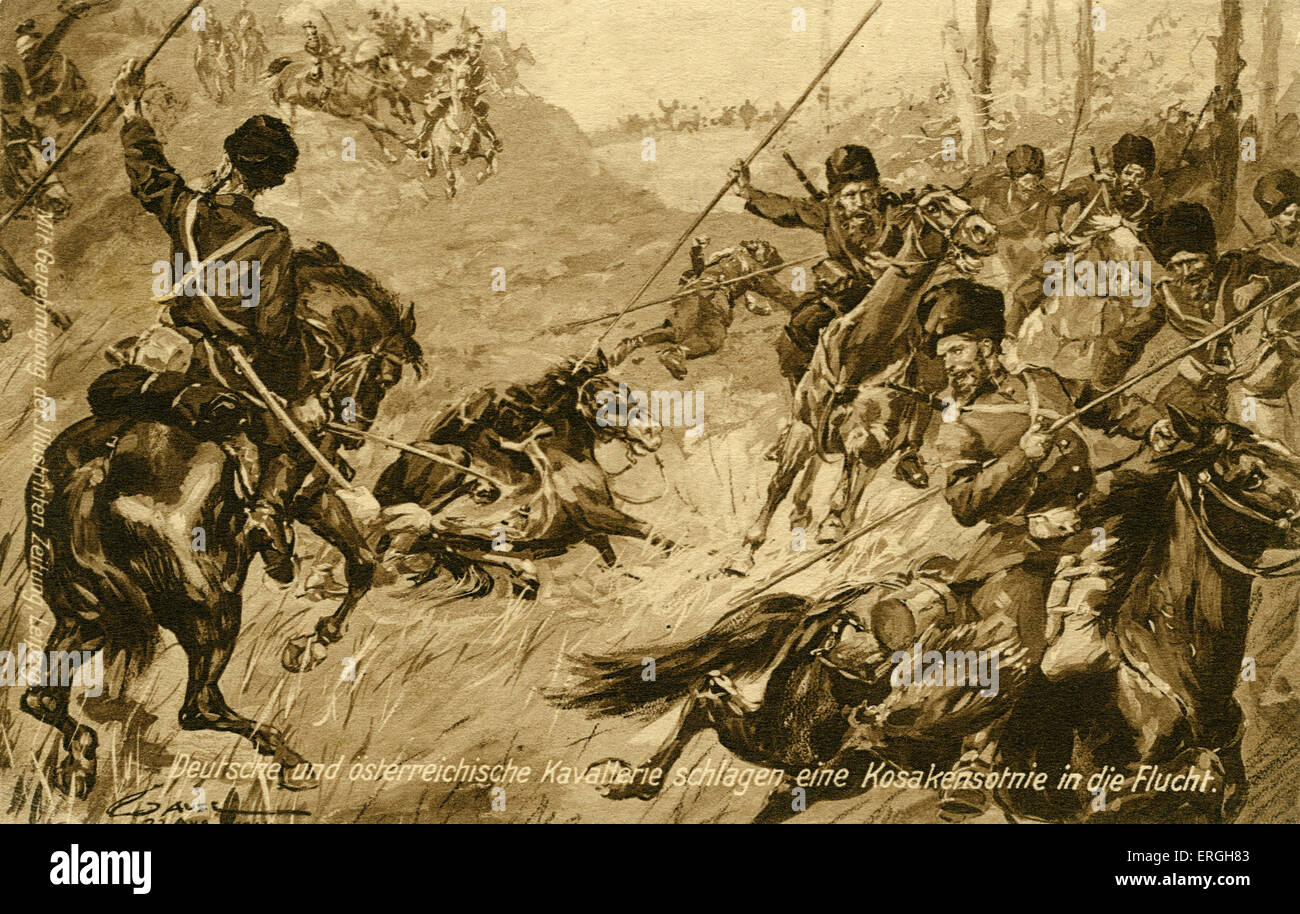 Guerra Mondiale 1: Tedesco di cavalleria cosacchi costringendo al ritiro. La Russia ha lottato con Allied (Entente) Poteri dal 1914 al 1917. Foto Stock