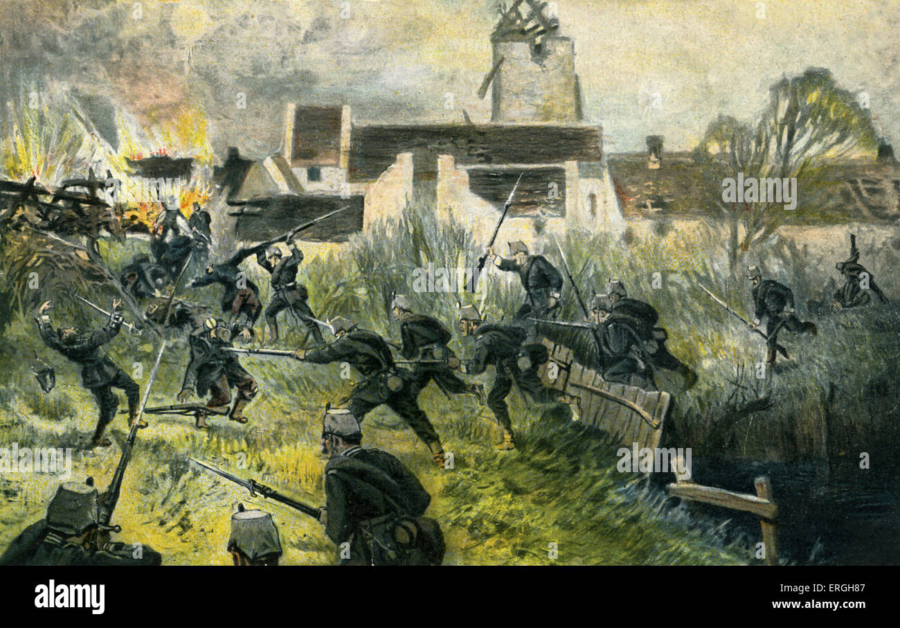 Guerra Mondiale 1: Tedesco Marines (fanteria) Lombartzyde storming, Fiandre Occidentali, Belgio, 11 novembre 1914. Combattimenti sul lato di Foto Stock