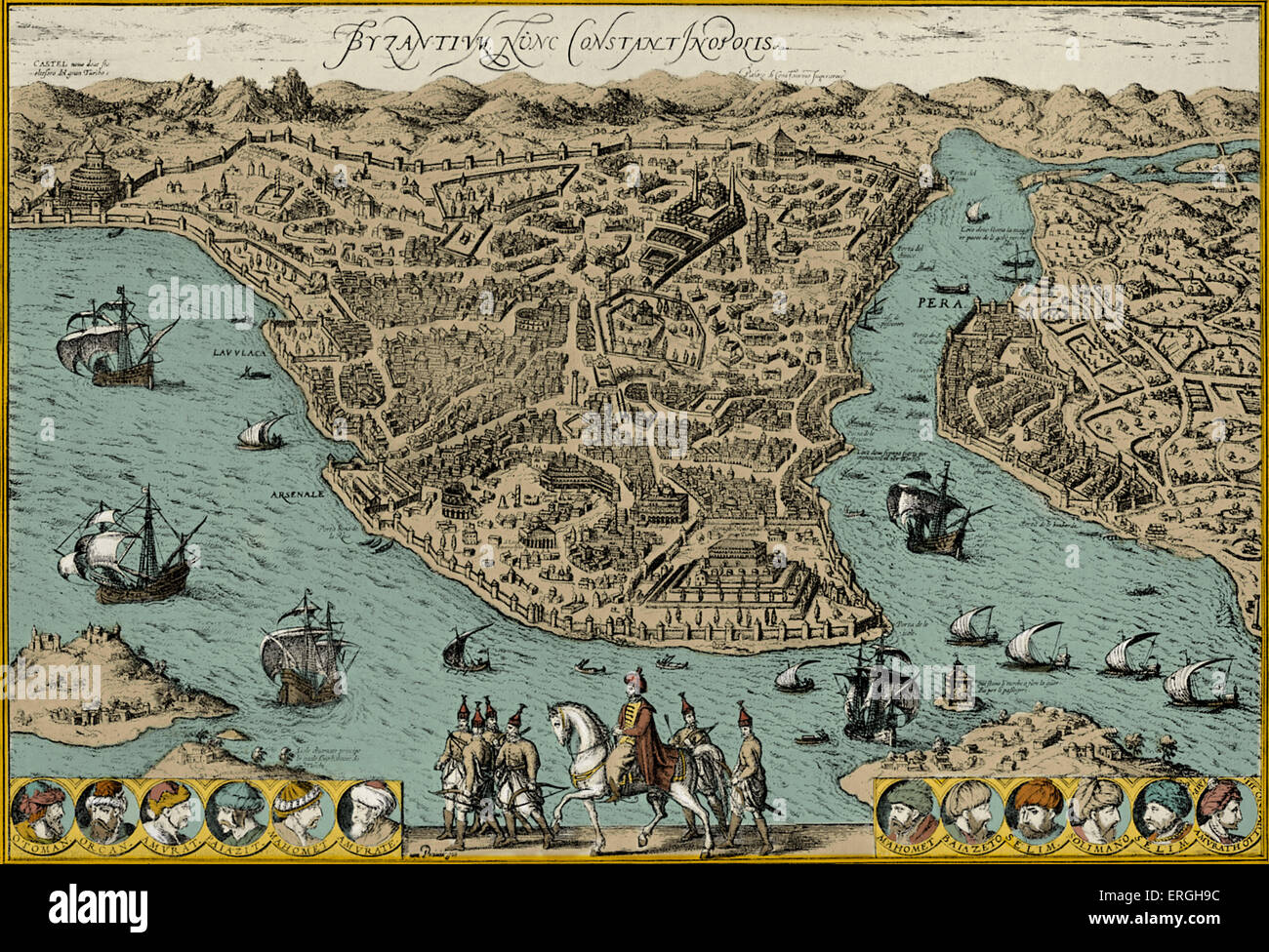 Mappa di Costantinopoli - in "Civitas Oreis Terrarum" da Braun e Hogenberg. Prenota 1: 1574 - 1618. Il giorno moderno Istanbul, Turchia. Foto Stock