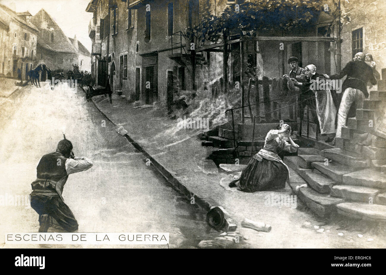 Guerra Mondiale 1: Street combattere. Mostra soldato tedesco sparare contro il nemico come una famiglia guarda a. Cartolina spagnola, serie: Foto Stock