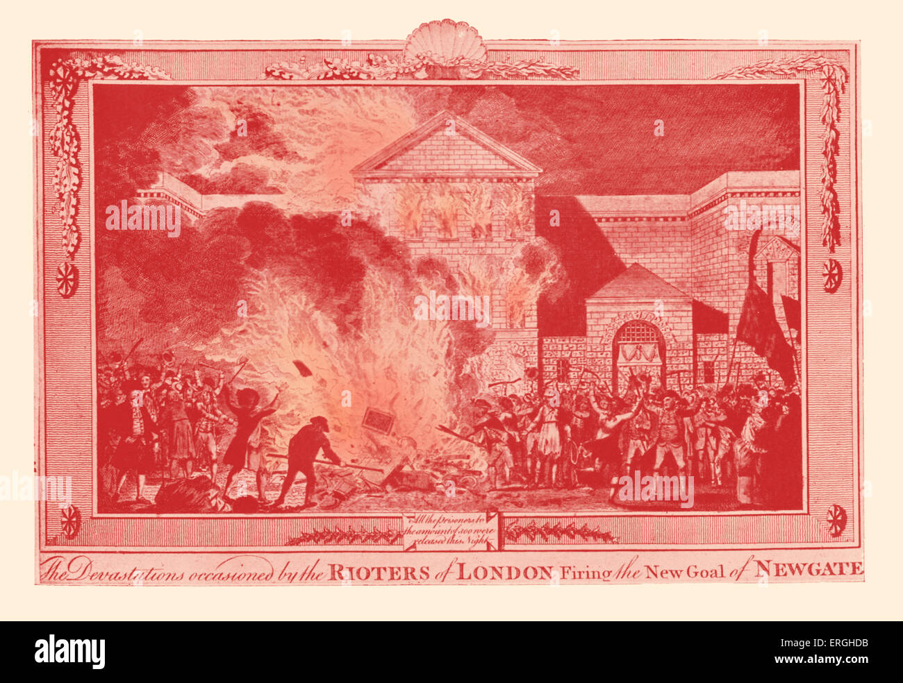 Newgate Prison sul fuoco durante i tumulti di Gordon , Londra, 1780. Anti-Catholic protesta contro la Papists Act 1778 che rimosso Foto Stock