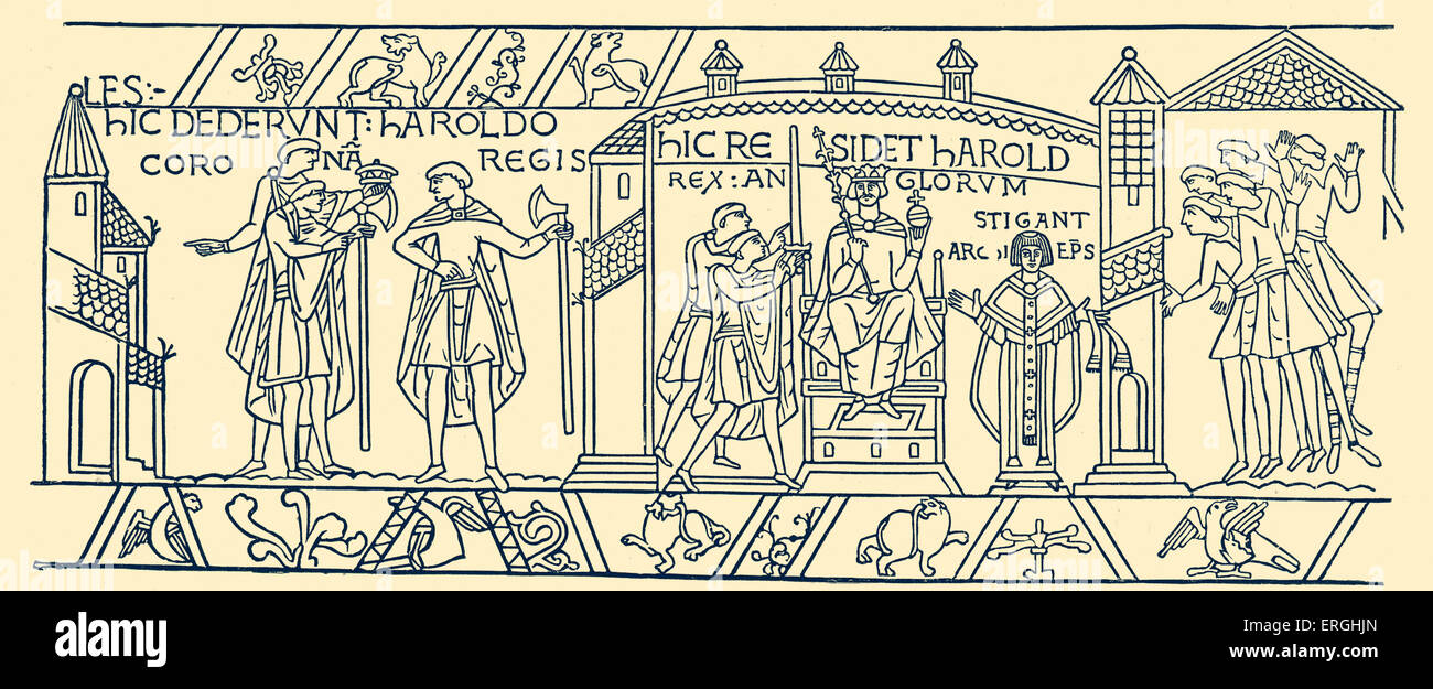 Arazzo di Bayeux: Incoronazione di Harold II, 1066. Xix secolo illustrazione. H: Harold II, noto anche come Harold Godwinson, ultimo Foto Stock