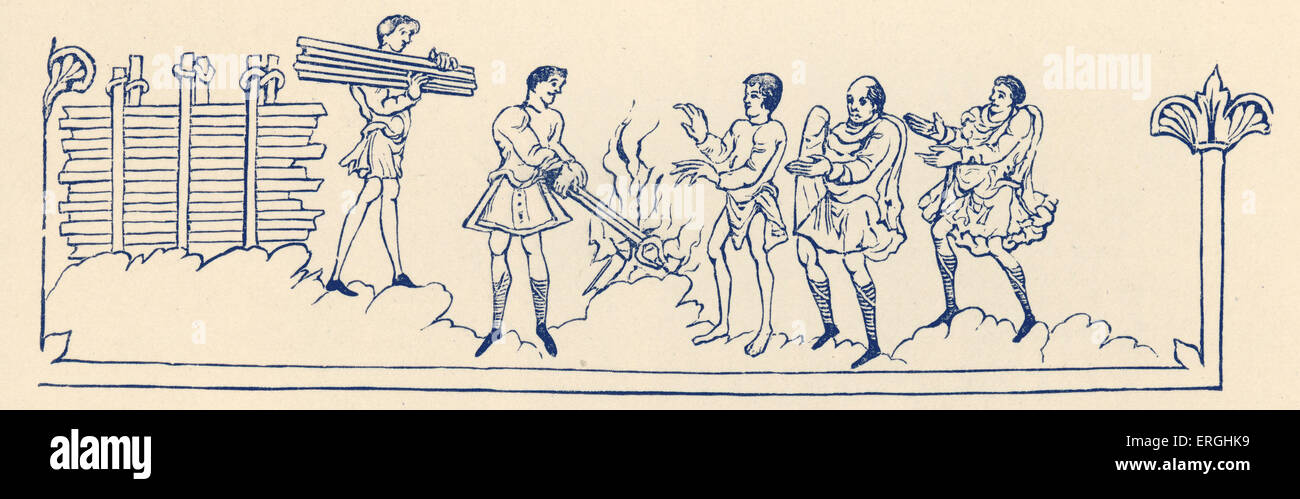 Xi secolo calendario: novembre - un gruppo attorno a un fuoco. Xix secolo la riproduzione. Foto Stock