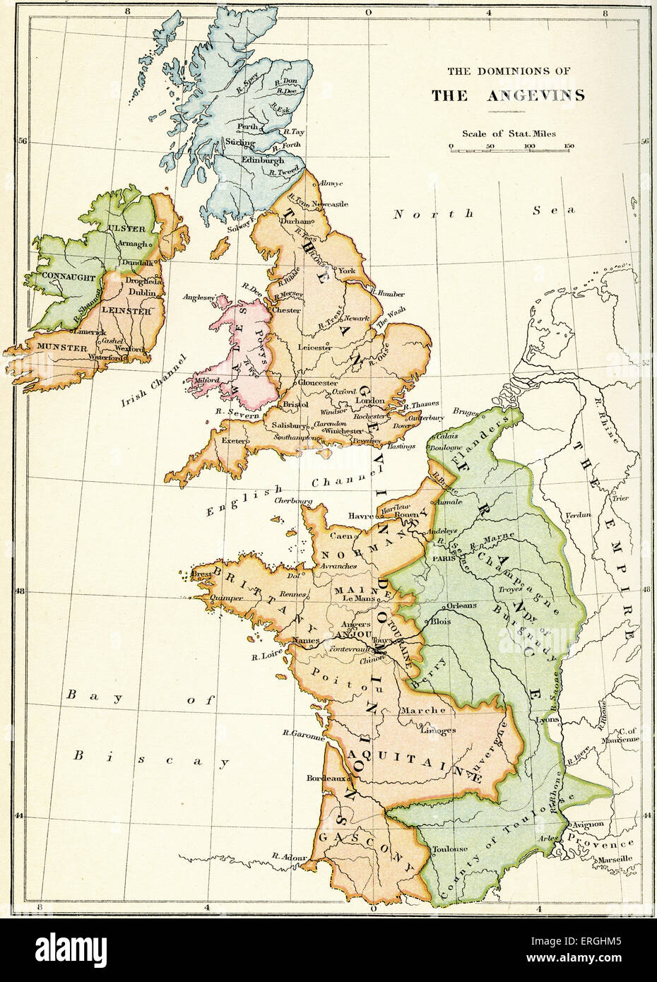 Mappa dei domini degli Angioini (in organge). Inghilterra governata da casa di Anjou (noto anche come angioina dinastia Plantagenet) in Foto Stock