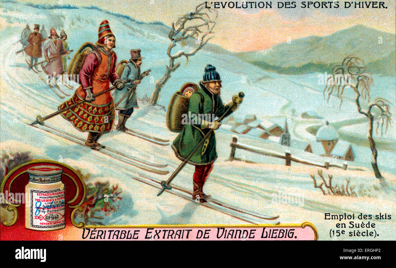 L'evoluzione degli sport invernali: sci in Svezia, del XV secolo. Liebig estratto di carne serie scheda (francese: 'L'Evolution des Foto Stock