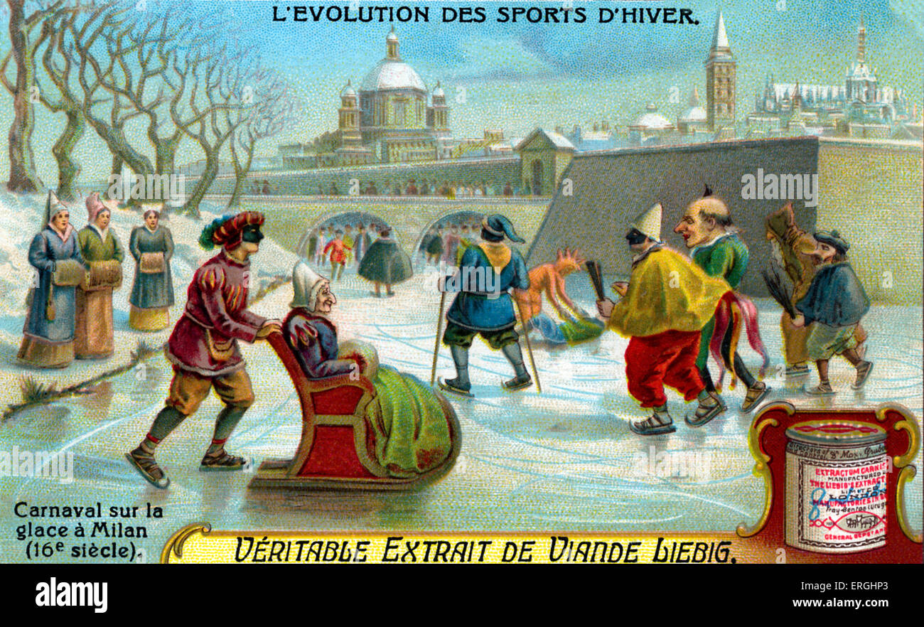 L'evoluzione dello sport invernale: il Carnevale di Venezia sul ghiaccio, del XVI secolo. Liebig estratto di carne card da collezione serie Foto Stock
