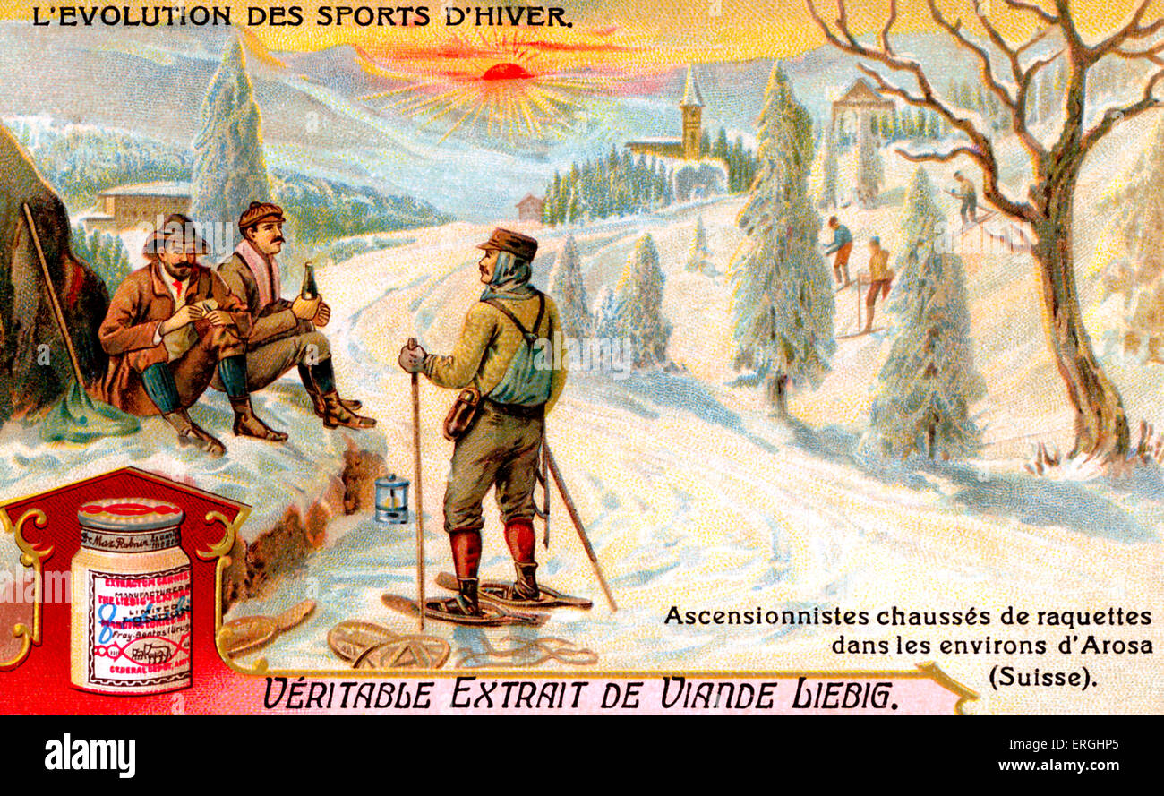 L'evoluzione dello sport invernale: scalatori indossando le racchette da neve nei pressi di Arosa, Switzerland. Liebig estratto di carne card da collezione Foto Stock