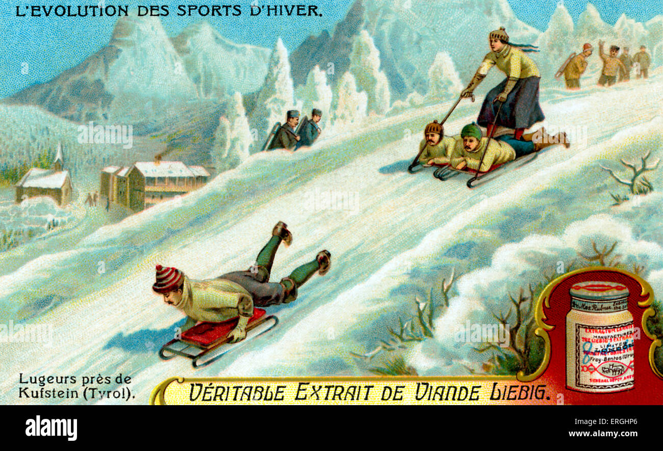 L'evoluzione dello sport invernale: Lugers vicino a Kufstein in Tirolo. Liebig estratto di carne card da collezione serie (francese: Foto Stock