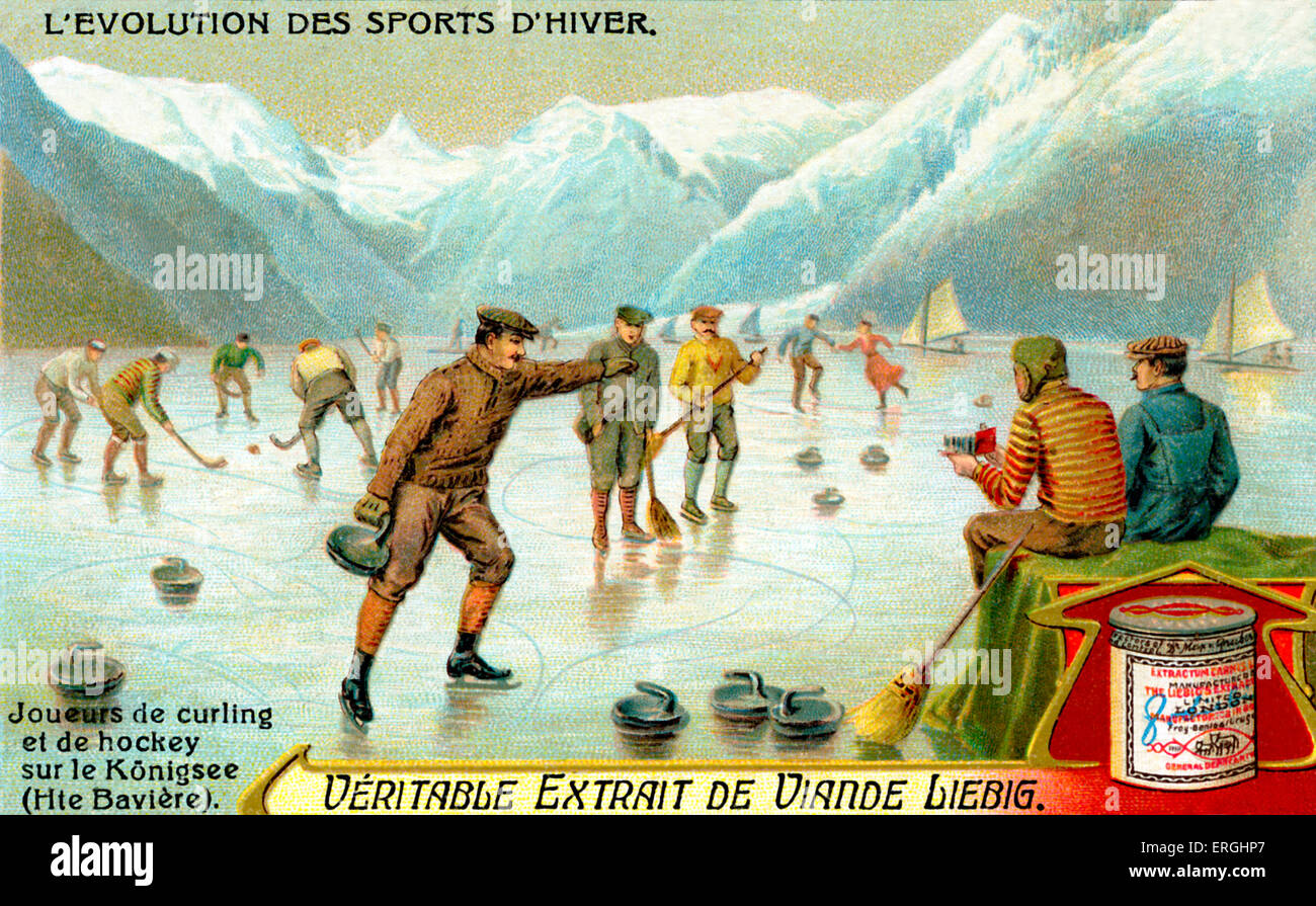 L'evoluzione dello sport invernale: Curling e hockey sul Königssee in Alta Baviera, Germania. Liebig estratto di carne card da collezione serie (francese: 'L'Evolution des sports d'hiver "). Foto Stock