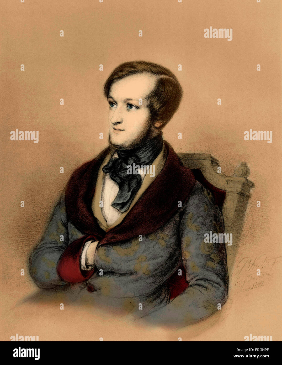 Richard Wagner a Parigi come un giovane uomo. Compositore tedesco. Disegno di E.B. Kietz, firmato 1842. (1813-1883) Foto Stock