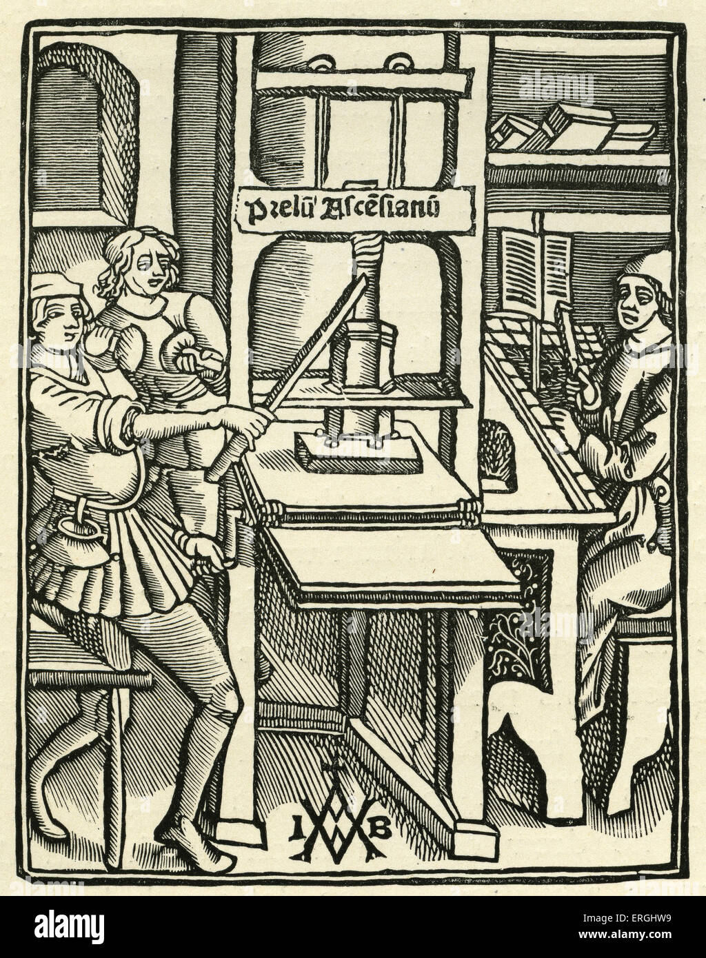 Stampante il marchio di Jodocus Badius, leader francese stampante c. 1500. Dalla xilografia da Badius' officina. JB: Belga, stampante Foto Stock