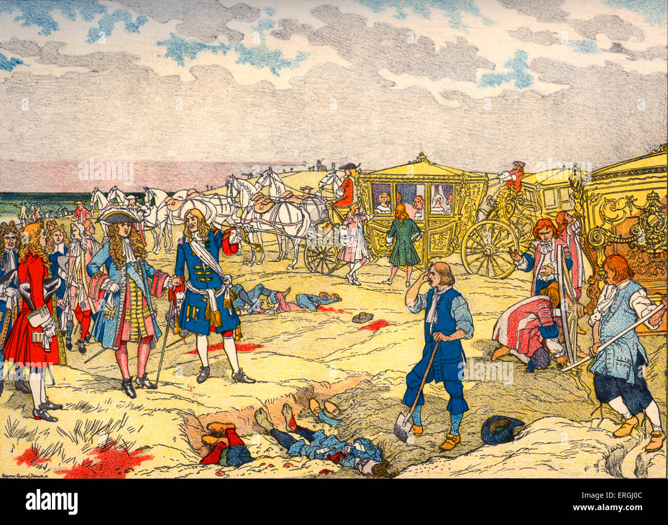 Luigi XIV nel suo carro sul campo di battaglia delle dune. Il 14 giugno 1648. La battaglia della Guerra franco-spagnolo tra Francia, Foto Stock