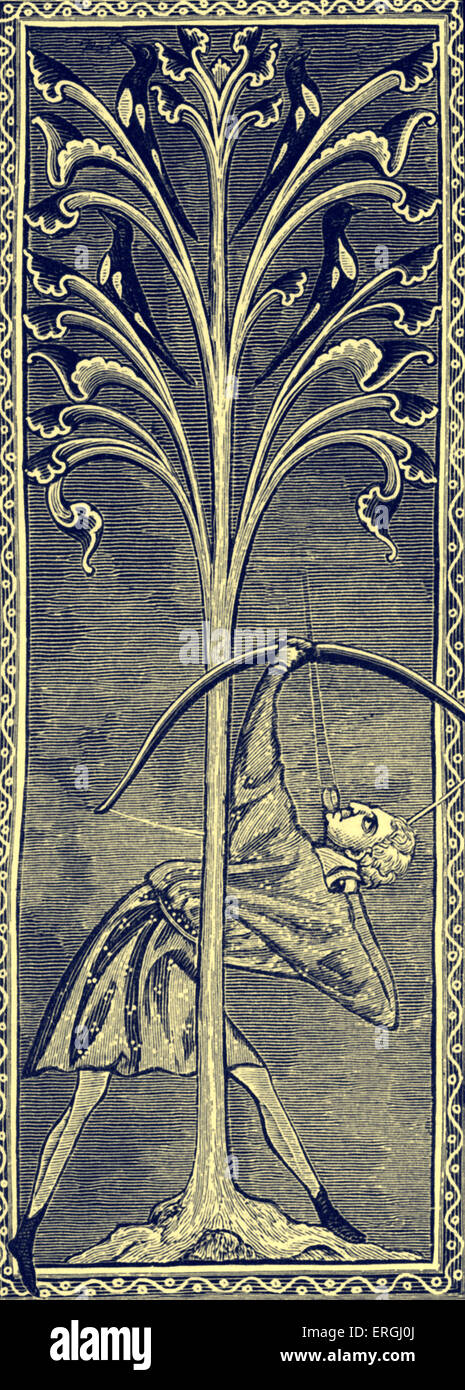 L'uomo caccia agli uccelli in una struttura ad albero con un arco e frecce. Dalla illustrazione nel manoscritto c. 1200. Foto Stock