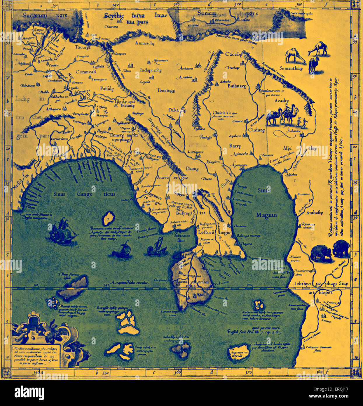 Mappa di Asia (Est del Gange) - in Tolomeo 's "Geographia', pubblicato 1584, Colonia. River (fiume di confine di giorno moderno Foto Stock