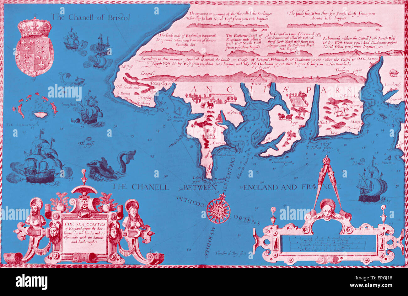 Mappa del mare sulle coste dell'Inghilterra dalla Sorlinges (Isole Scilly) in 'Il Mariner's Mirror' da Wagenar - Pagina del titolo. Pubblicato Foto Stock