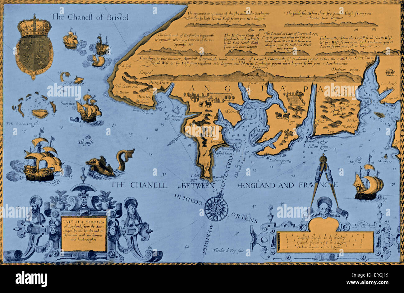 Mappa del mare sulle coste dell'Inghilterra dalla Sorlinges (Isole Scilly) in 'Il Mariner's Mirror' da Wagenar - Pagina del titolo. Pubblicato Foto Stock