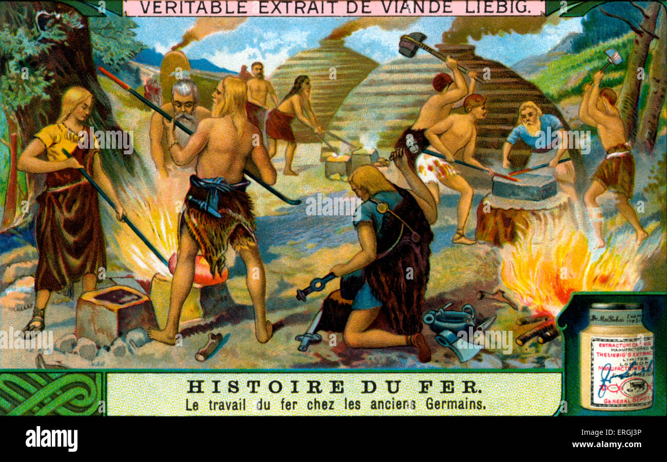 La storia di ferro: Ferro Battuto da antichi tedeschi. Liebig card da collezione serie (titolo francese: "Histoire du fer'). 1914. Foto Stock
