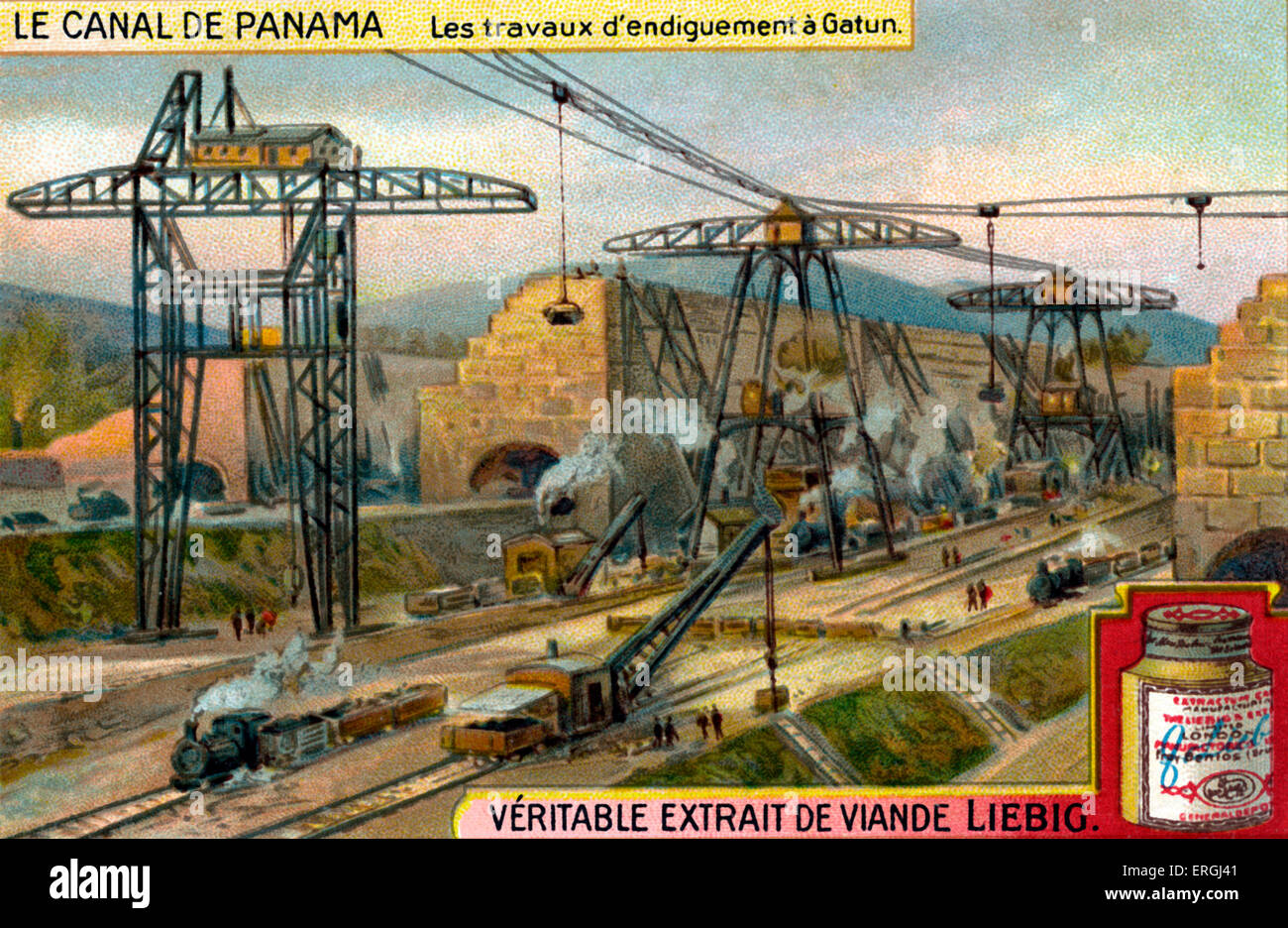 Il canale di Panama: Containtment lavora a Gatun. Posizione attuale di Gatun Dam. Liebig card da collezione serie (titolo francese: "Le Canal de Panama "). Costruito tra il 1881 e il 1914 attraverso l'istmo di Panama. Nei primi anni del XX secolo. Foto Stock