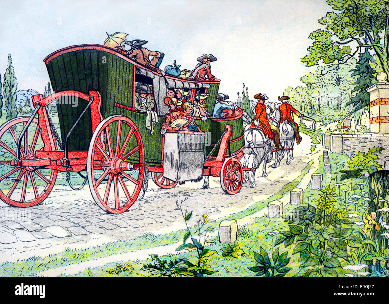 In pullman da Parigi a Versailles - illustrazione di Eugene Courboin. (Stile xviii secolo). La Francia. C. 1912. Foto Stock