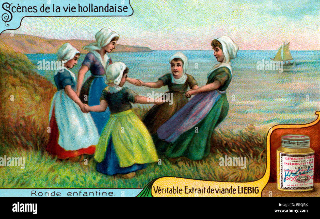 Scene di vita olandese: ragazze che ballano in un cerchio. Liebig card da collezione Illustrazione (serie francese titolo: 'Scènes de la vie Foto Stock