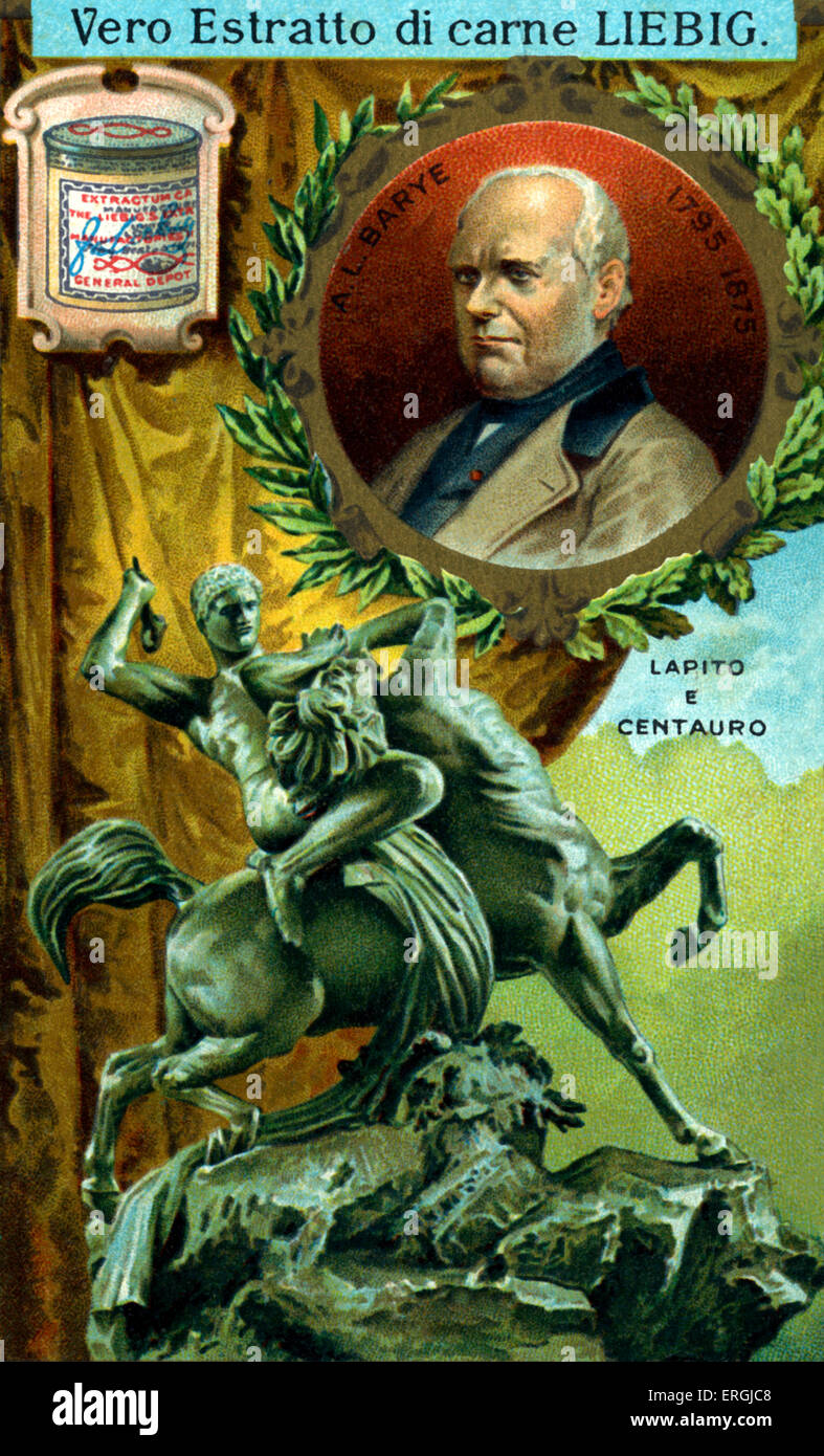 Lapith lotta contro un centauro - Scultura da Antoine-Louis Barye. Illustrazione sulla scheda di Liebig. Nella foto con ritratto di scultura. ALB: scultore francese, 24 settembre 1796 - 25 giugno 1875. Foto Stock