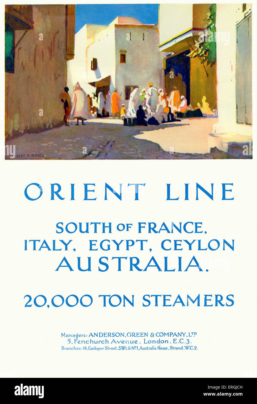 Orientare il tubo della nave di crociera annuncio di viaggio, 1930. La didascalia recita: 'Orient Line. Il sud della Francia, l'Italia, Egitto, Ceylon, Foto Stock