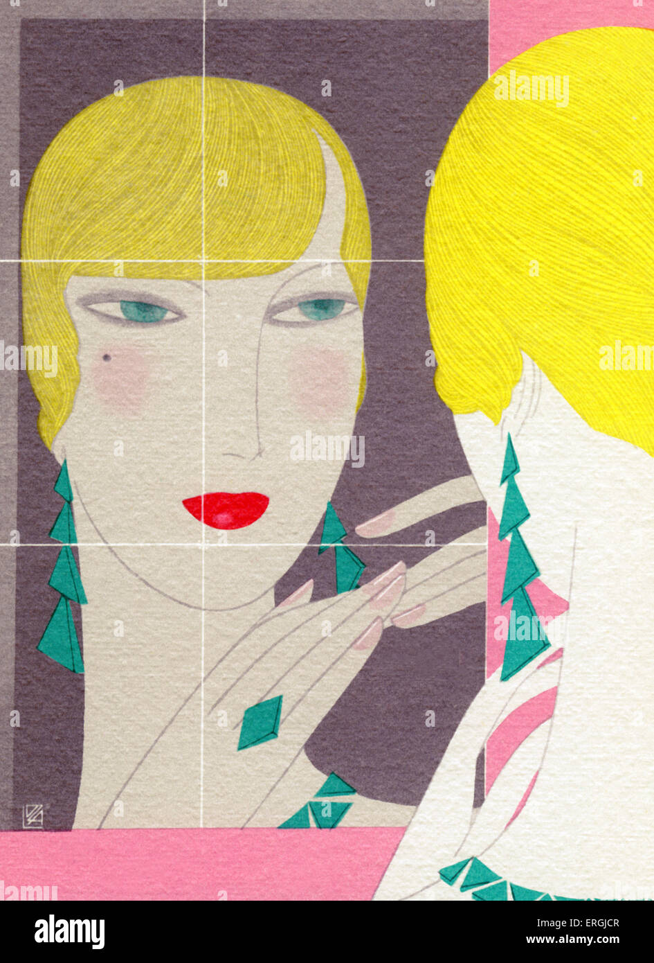 Harper's Bazaar art-deco bellezza annuncio, 1930. Artista sconosciuto. Donna con unghie lunghe guardando nello specchio. Foto Stock