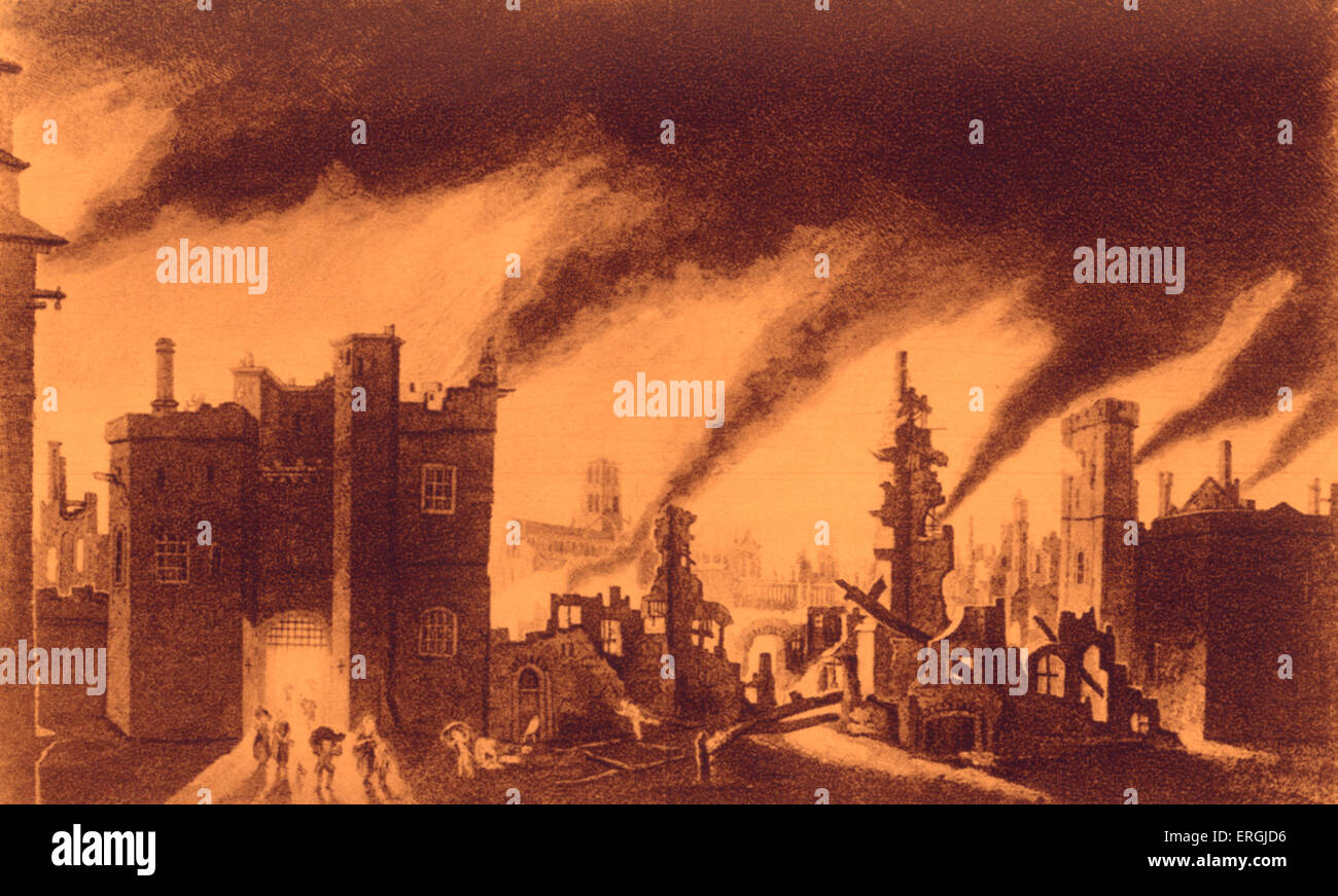 Il Grande Incendio di Londra con vista di Ludgate Hill e la Cattedrale di St Paul, 1666. Artista sconosciuto. Foto Stock