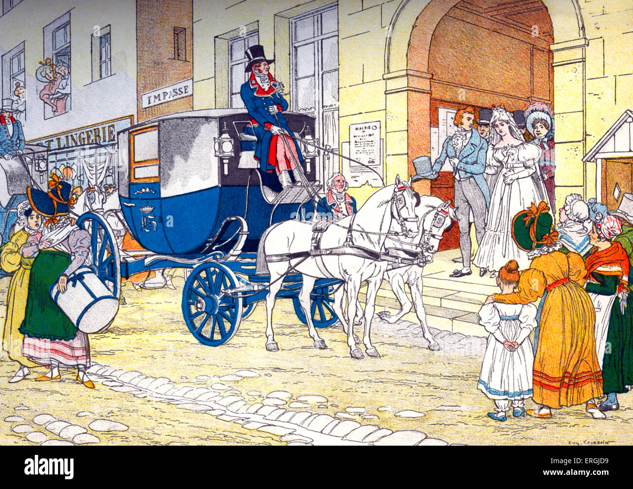 Barouche a nozze (francese: "Célestine'), 1880. Xix secolo una carrozza a cavalli. Dalla illustrazione di Eugène Courboin. Foto Stock