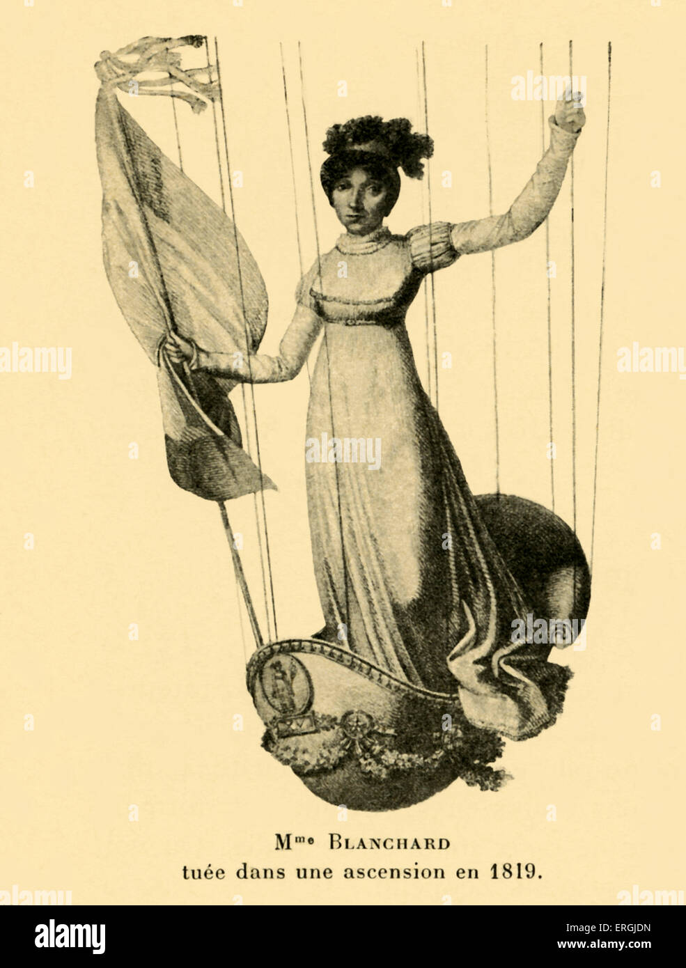 Sophie Blanchard in sella ad una aria calda mongolfiere cestello. Ucciso durante un ascention nel 1819. Artista sconosciuto. Aeronaut francese e la moglie del volo in mongolfiera pioneer Jean-Pierre Blanchard, 25 marzo 1778 - 6 luglio 1819. Foto Stock