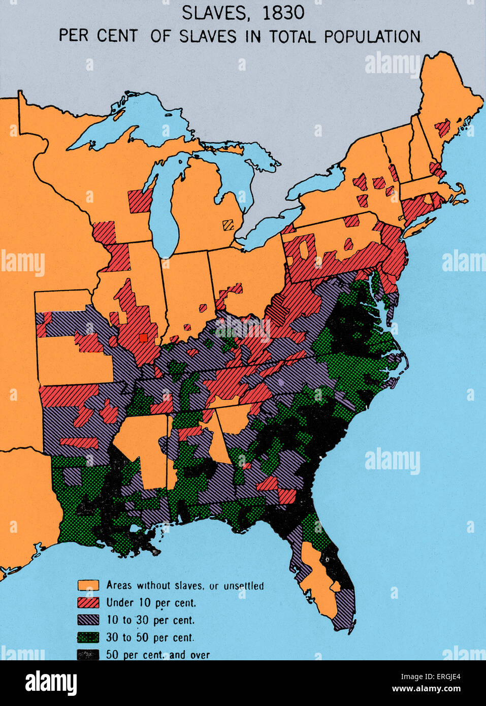 Mappa raffigurante la densità della schiavitù in theUSA nel 1830. Mostra il capo di stati schiavisti come Virginia, Carolinas, Alabama, Georgia, Florida, del Mississippi e della Louisiana. Foto Stock