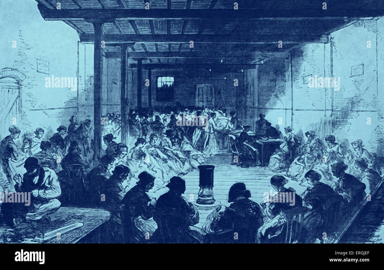 Xix secolo classe di cucitura per Mansion House Comitato di sfiato in Berner Street, Londra, 1868. Donne pagate twopence un'ora, o Foto Stock
