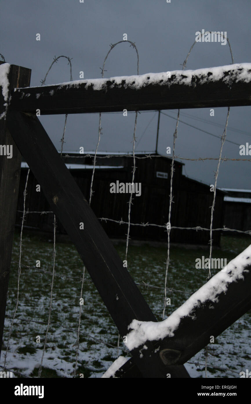 Filo spinato recinzioni a Majdanek campo di concentramento, Polonia. Sulla periferia di Lublino. dovuta al rapido progresso delle forze sovietiche nazisti Foto Stock