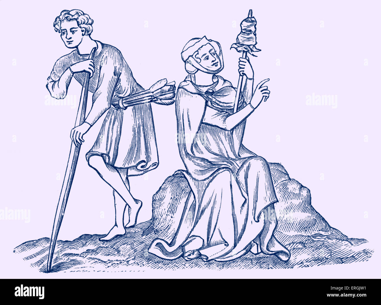 Uomo con arco e frecce e donna con conocchia, strumento utilizzato nella filatura. Inizio del XIV secolo. Foto Stock
