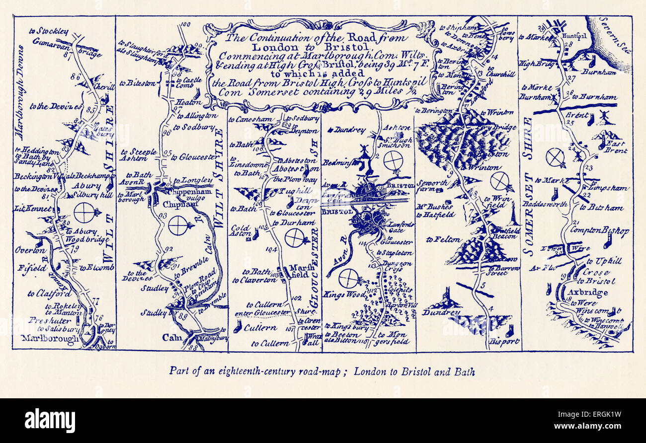 Road map: Londra a Bristol e Bath, XVIII secolo Foto Stock