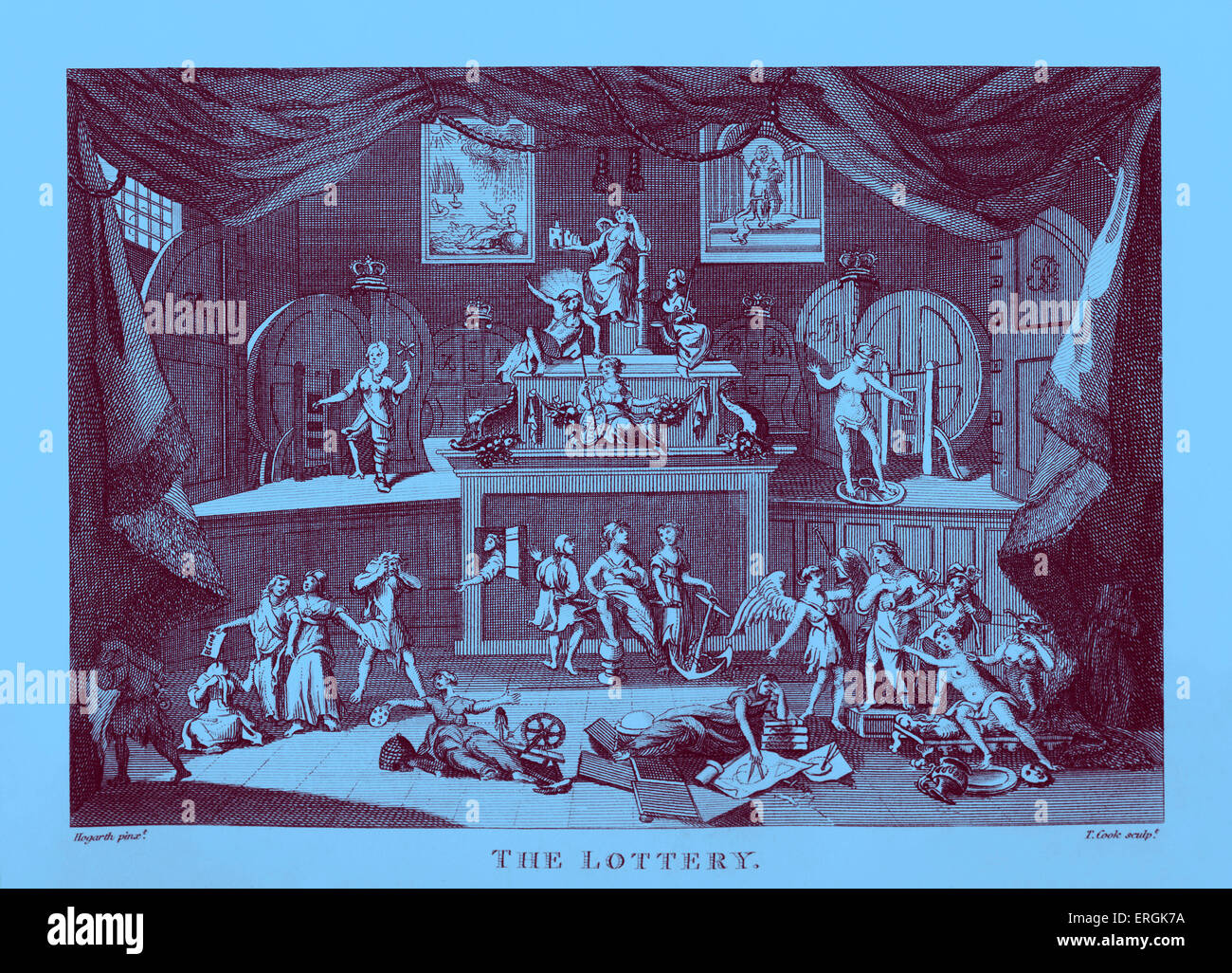 La Lotteria da William Hogarth. Le critiche al governo da Hogarth per la raccolta di fondi dalla lotteria. Le tende creano effetto scenico con figure allegoriche delle virtù e vizi di eseguire. WH: Inglese pittore, incisore, Satiro, critico sociale e fumettista -10 novembre 1697 - 26 Ottobre 1764 Foto Stock