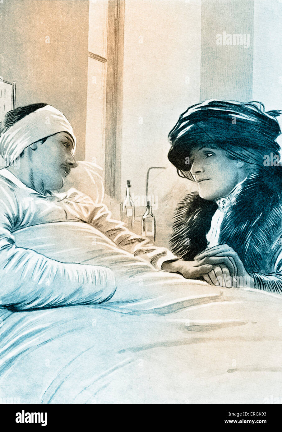 Una madre francese si siede al posto letto di suo figlio, che è stato ferito in Guerra Mondiale 1, dopo un disegno da Louis Sabattier, 1917. Foto Stock