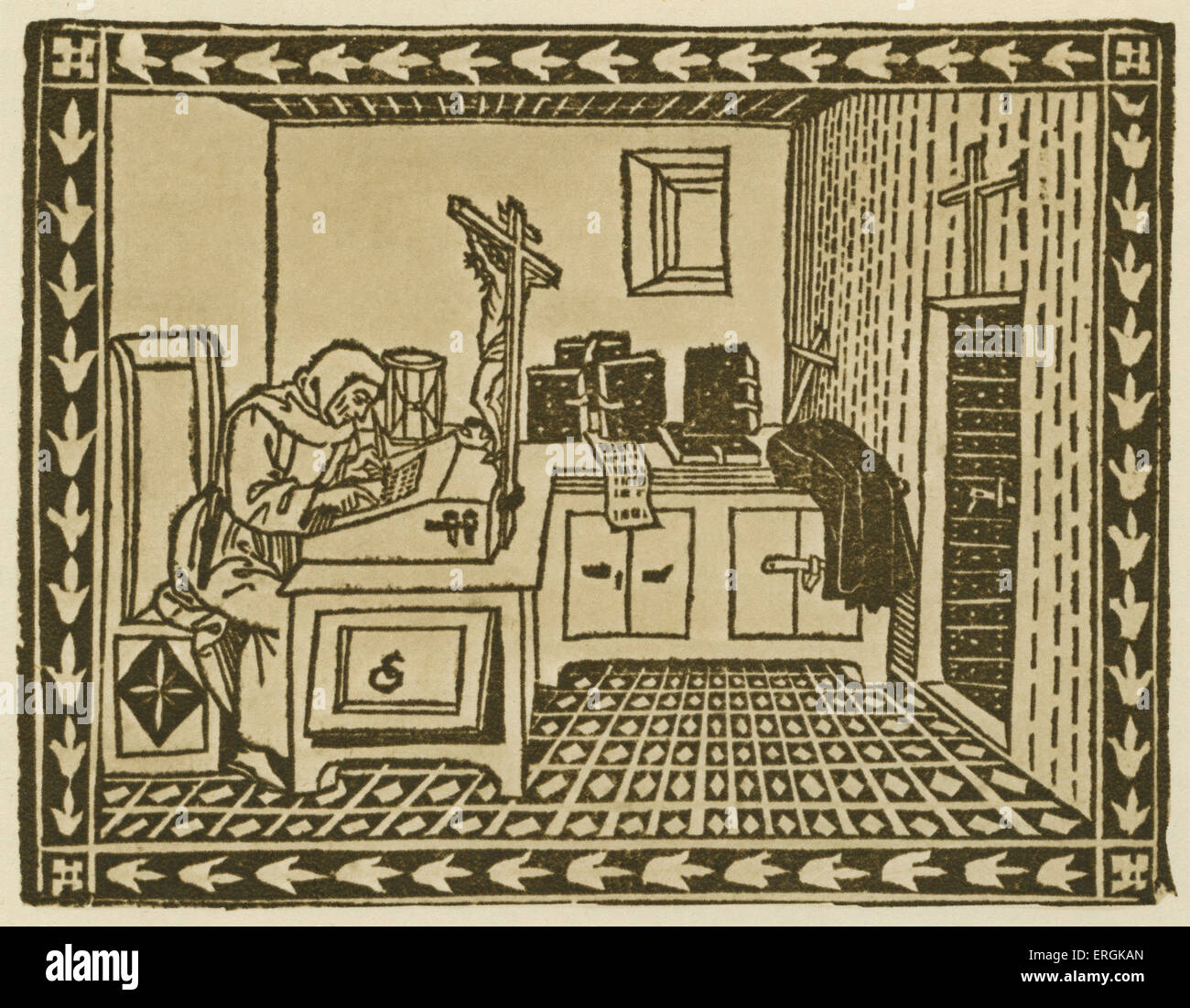 Girolamo Savonarola (1452-1498) lavorando nel suo studio, preso da Savonarola's xilografie, prodotte dal 1490. Foto Stock