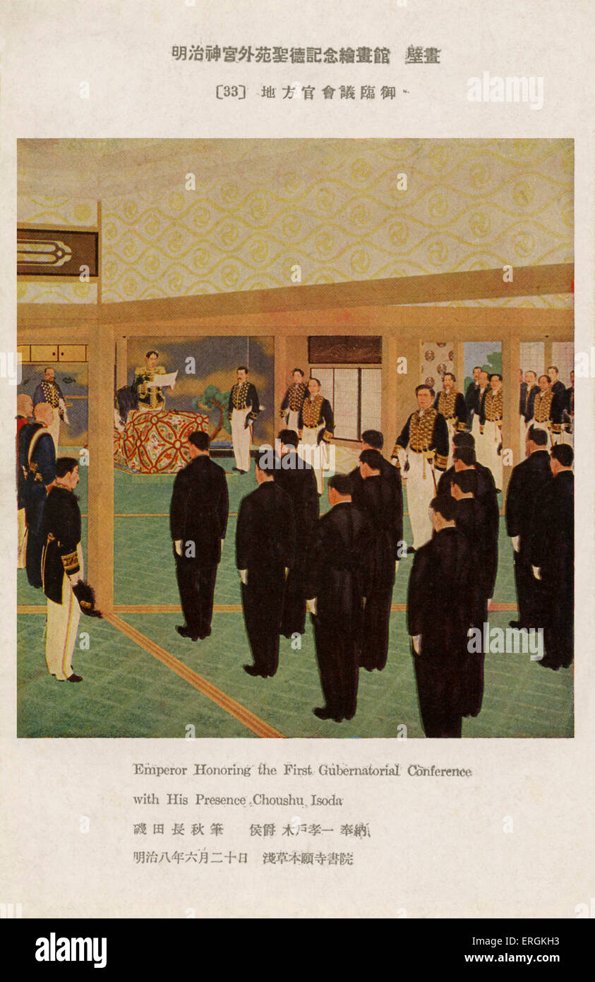 L'imperatore Meiji (1852-1912) alla prima conferenza Gubernatorial. Il Giappone del rapidamente crescente burocrazia sotto Emporer Menji Foto Stock