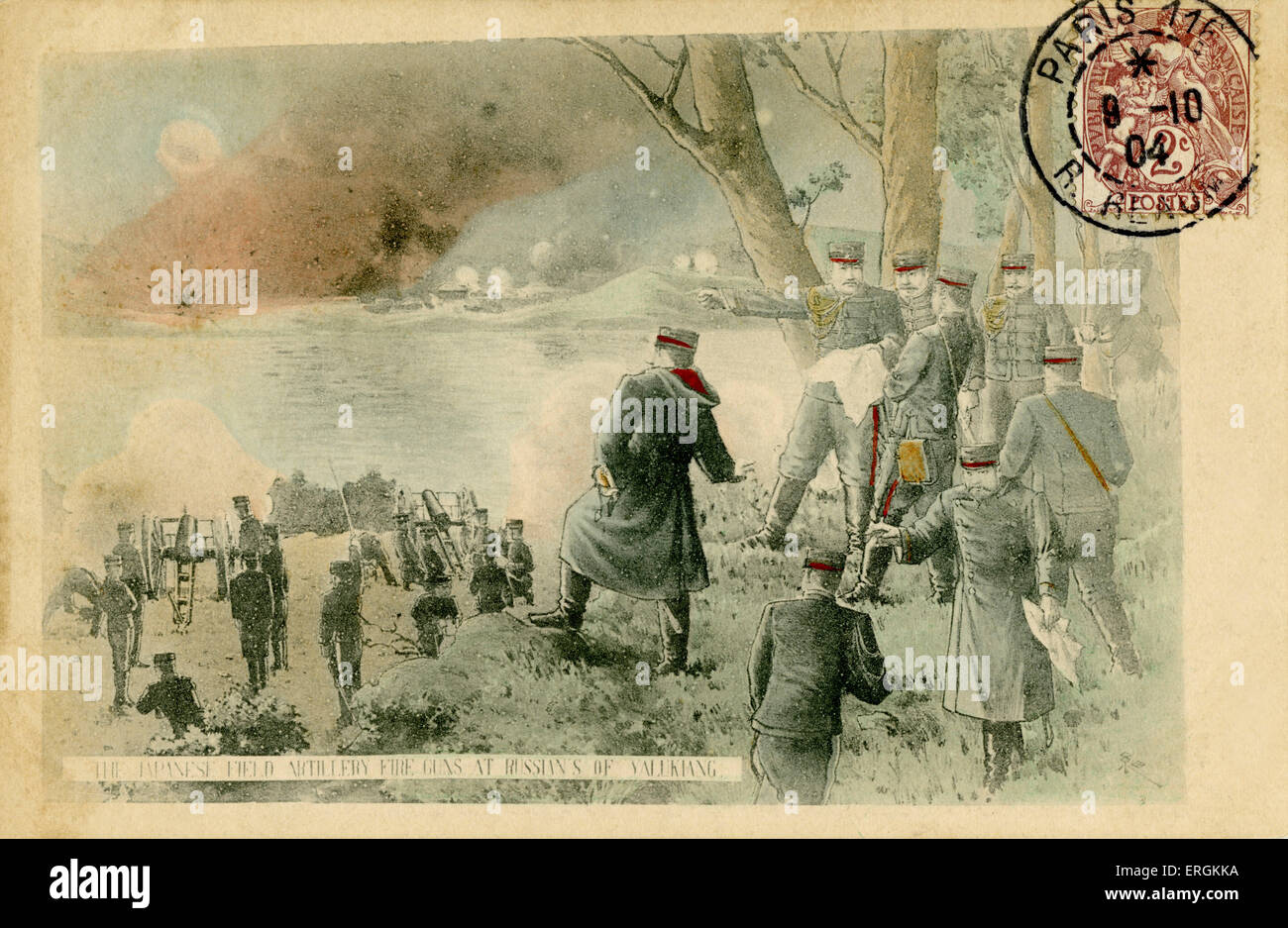 Cottura giapponese su forze russe nei pressi di Yalu Jiang, un impegno durante la guerra Russo-Giapponese (1904-5) che si sono riversate in Foto Stock