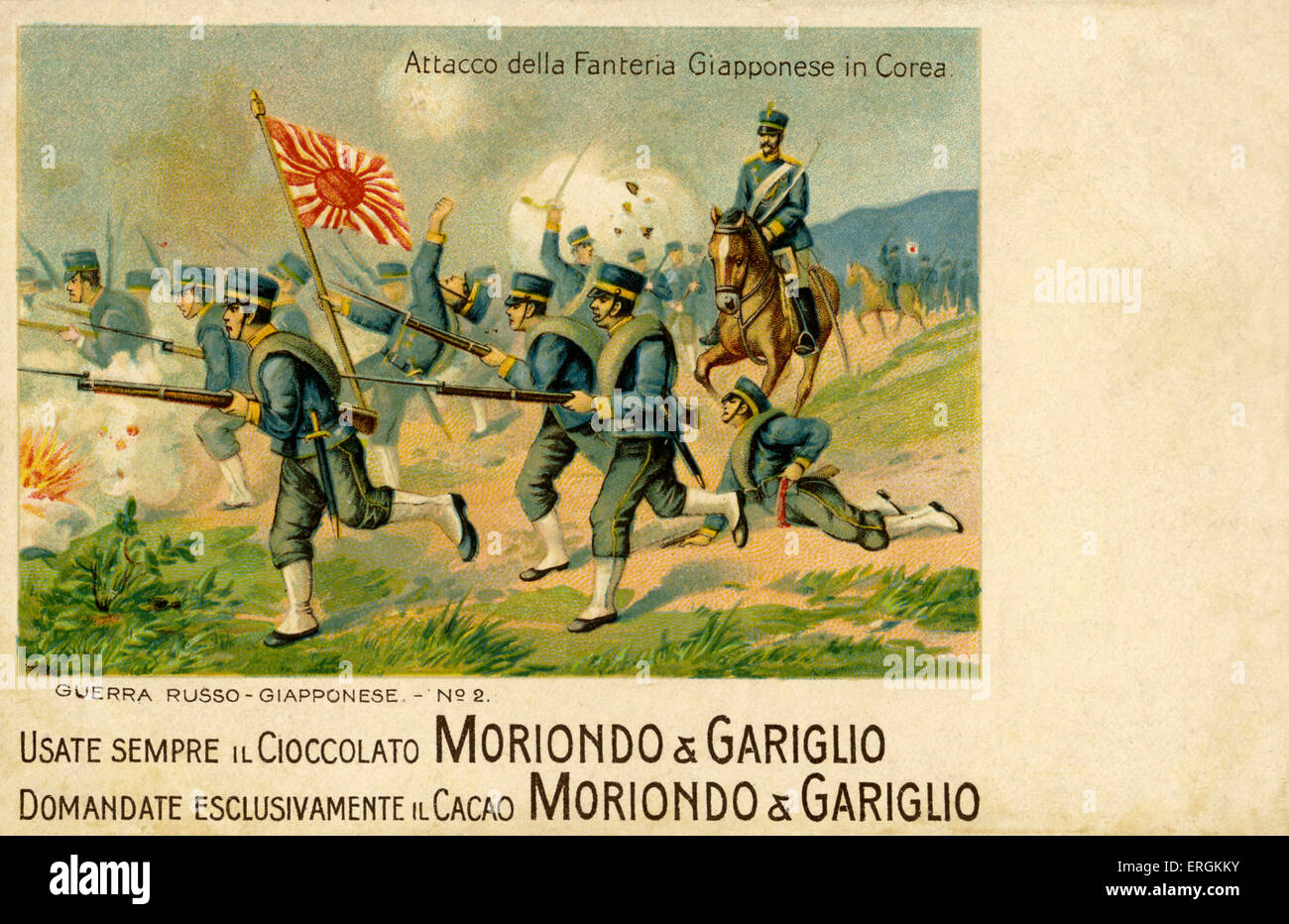 Giapponese anticipo di fanteria in Corea. Illustrazione sul collettore di carte per la Compagnia del cioccolato): "Usate sempre il cioccolato Foto Stock