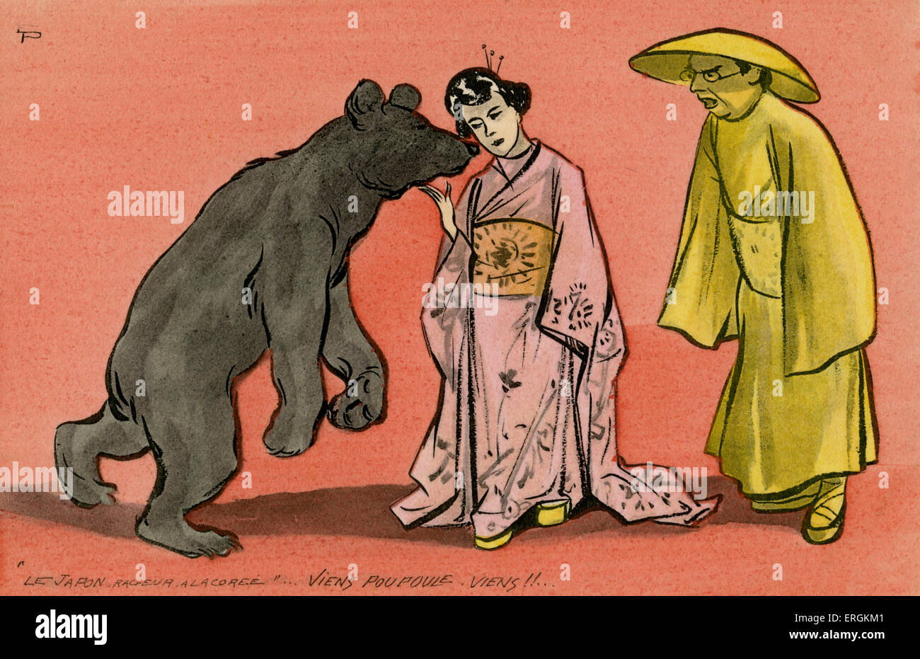 L'orso russo pacificato dal giapponese, un allusione al giapponese vittorie in Corea nelle prime fasi della guerra Russo-Giapponese Foto Stock